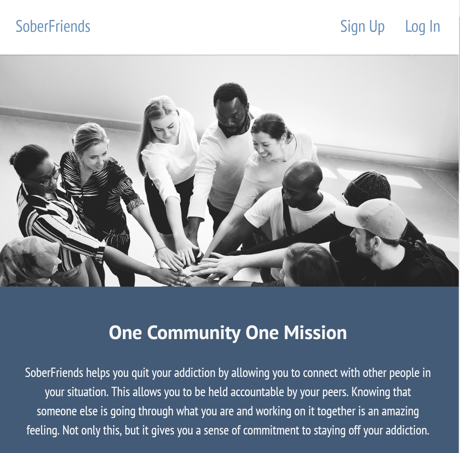 Screenshot of Landing page for SoberFriends