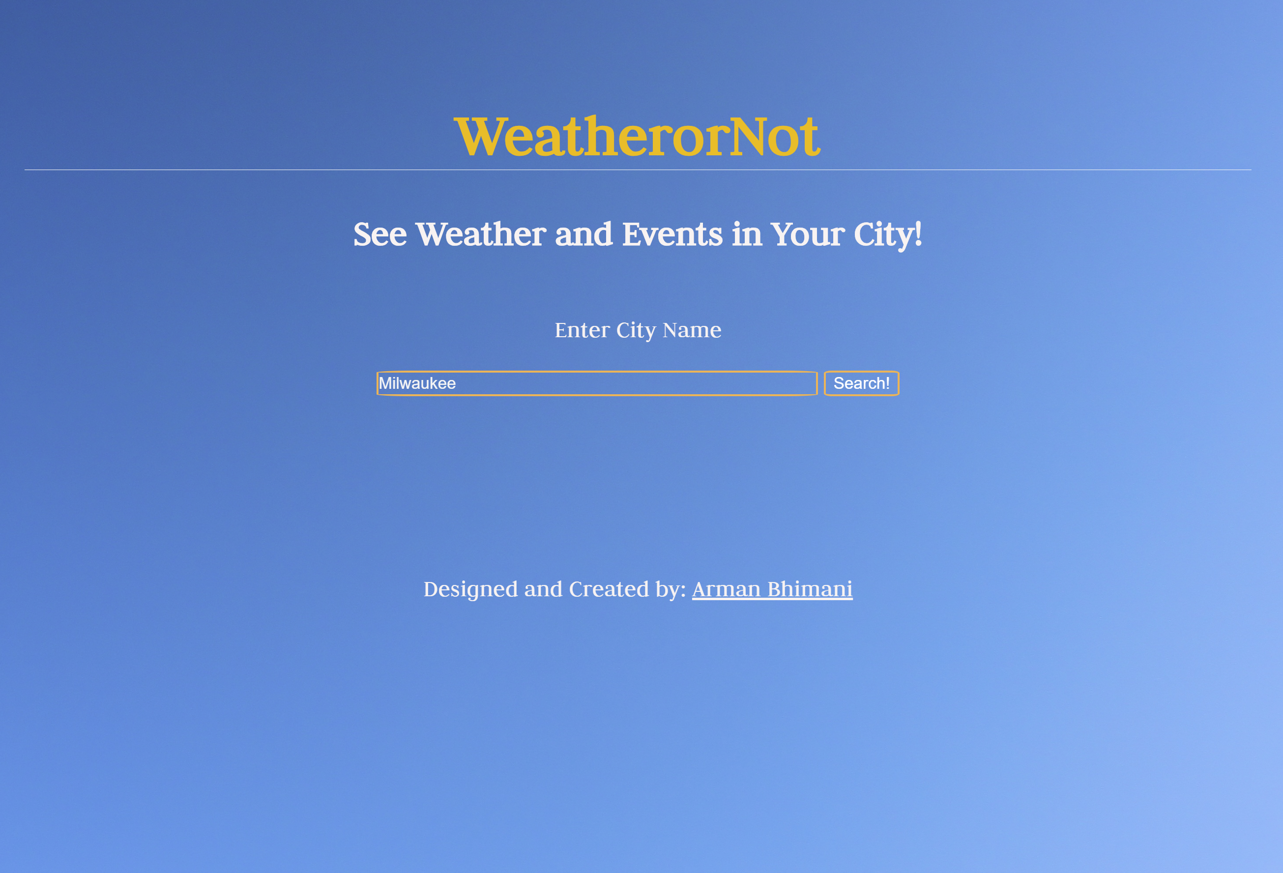 Screenshot of Landing Page for WeatherOrNot